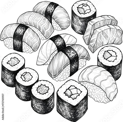 Vector, illustration, sushi and sashimi food, hand-drawn style, art, pencil