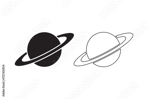 Saturn planet design, black and white outline isolated on white background
