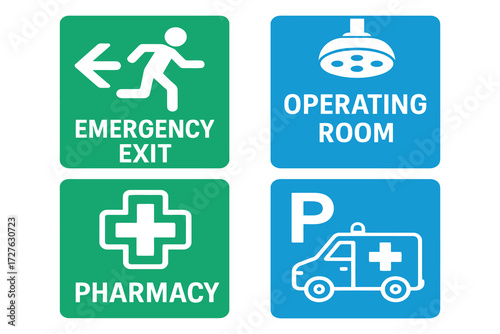 Four hospital signs emergency exit pharmacy operating room parking with ambulance