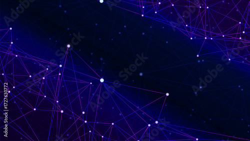 Glowing connection lines blue purple gradients and bright nodes forming a futuristic network pattern. Symbolizing technology, data communication, artificial intelligence, and modern innovation.