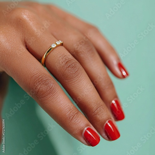 Elegant hand with red nails displaying a gold ring adorned with three diamonds against a turquoise background for a modern aesthetic