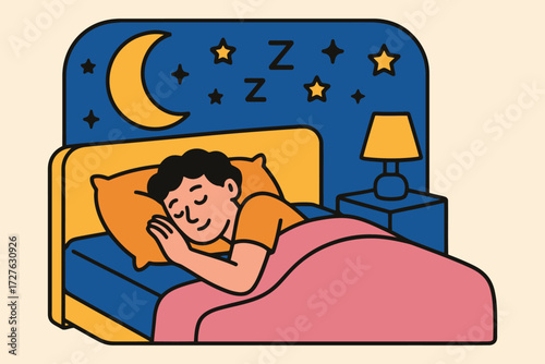 Young boy peacefully sleeping in his bed under a starry night sky