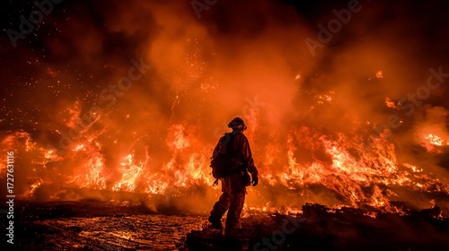 Firefighter battles raging wildfire at night while flames illuminate the landscape