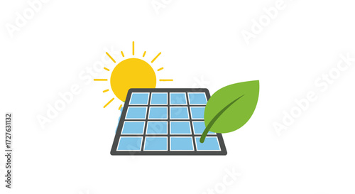 Solar Panel with Sun and Green Leaf Icon for Renewable Energy.