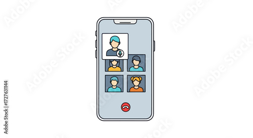 Illustrated smartphone displaying a group video conference call with multiple participants on screen.