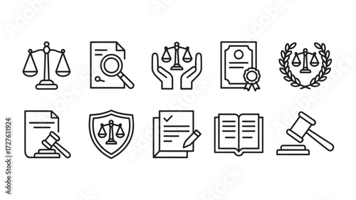 Vector art of law and justice icons representing legal and judicial themes