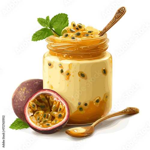 Passion Fruit Mousse in Glass Jar with Fresh Pulp Illustration