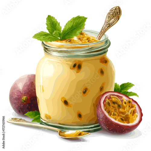 Passion Fruit Mousse in Glass Jar with Fresh Pulp Illustration