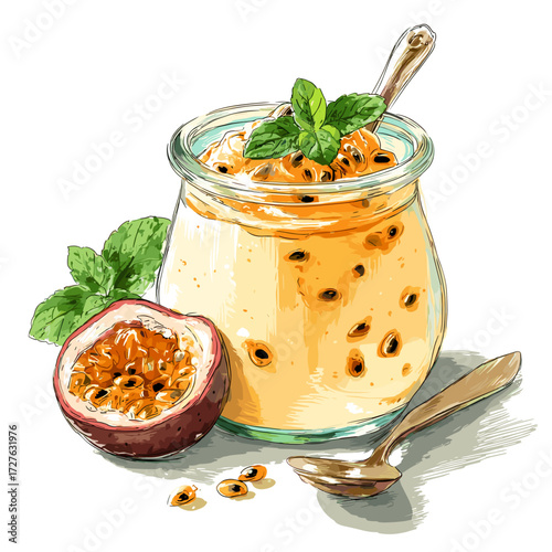 Passion Fruit Mousse in Glass Jar with Fresh Pulp Illustration