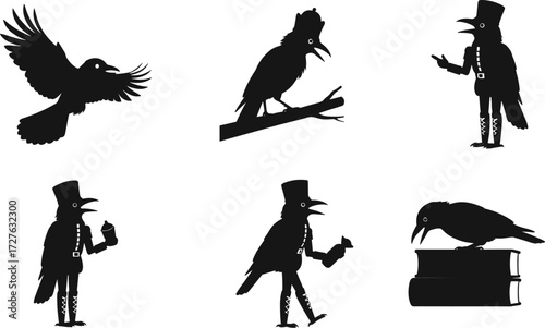Silhouette vector illustration of anthropomorphic crow characters with hats, flying, perched, reading and holding objects, isolated on white background design