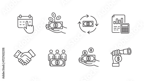 Vector art of line art icons illustrating business and finance concepts