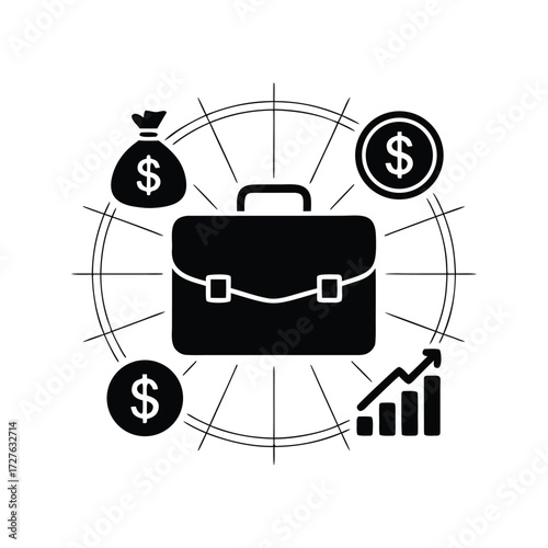 Collection of business and finance icons featuring briefcase and silhouette styles