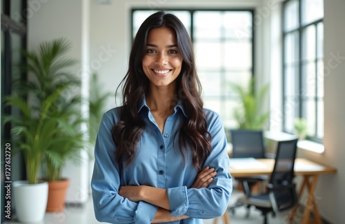 Young woman smiles confidently with arms crossed in a modern office setting. She wears a blue button-down shirt and has long  wavy dark hair. Plants and windows are visible in the background.