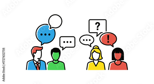 Colorful line art icons of a diverse group of people engaged in conversation and discussion with speech bubbles.