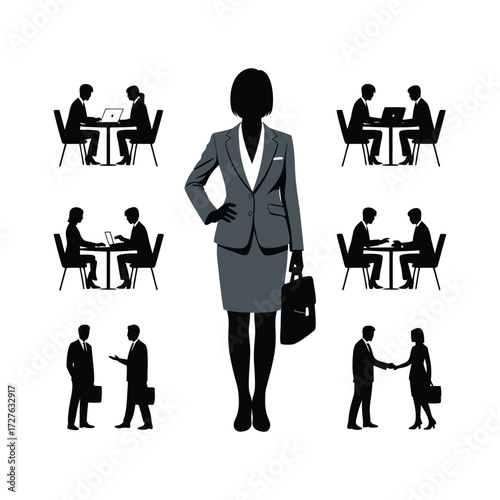 Business meeting discussion icons featuring diverse professionals in silhouette style