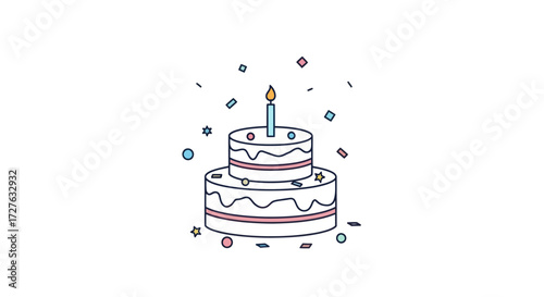 Festive Two-Layered Birthday Cake with Candle and Confetti.