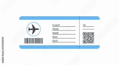 Blue and White Airplane Flight Ticket Illustration with Barcode and QR Code.