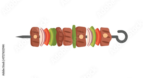 A single grilled shish kebab skewer with chunks of meat onion and bell peppers.