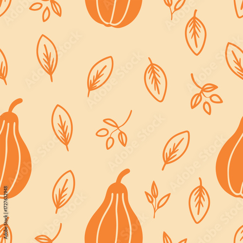 Seamless Autumn Pattern with Stylized Gourds and Leaves for Seasonal Design