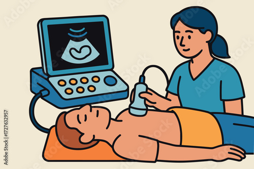 Medical professional performs ultrasound scan on a patient s chest displaying heart image
