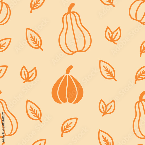 Seamless Autumn Pattern with Stylized Gourds and Leaves for Seasonal Design