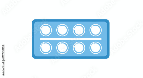 Blue Rectangular Blister Pack with Eight White Pills.