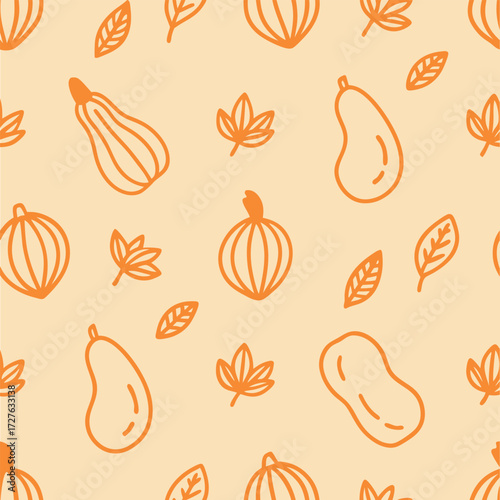 Seamless Autumn Pattern with Stylized Gourds and Leaves for Seasonal Design