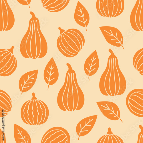 Seamless Autumn Pattern with Stylized Gourds and Leaves for Seasonal Design