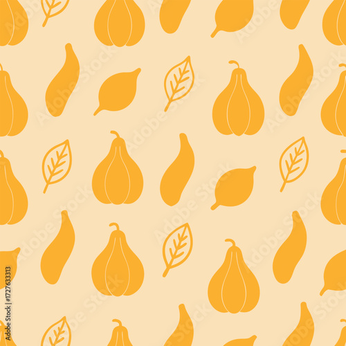 Seamless Autumn Pattern with Stylized Gourds and Leaves for Seasonal Design