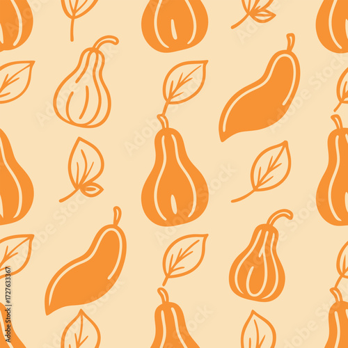 Seamless Autumn Pattern with Stylized Gourds and Leaves for Seasonal Design