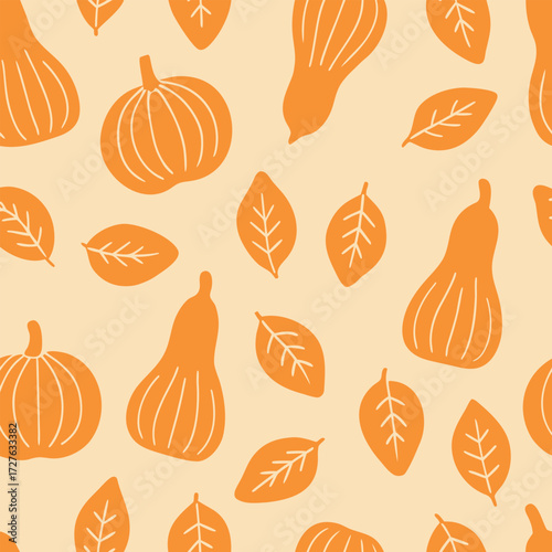 Seamless Autumn Pattern with Stylized Gourds and Leaves for Seasonal Design