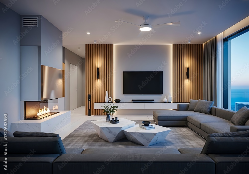 Fototapeta premium Modern living room interior design with comfortable sectional sofa fireplace and large window overlooking the ocean isolated on white background