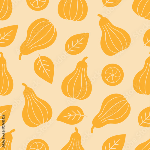 Seamless Autumn Pattern with Stylized Gourds and Leaves for Seasonal Design