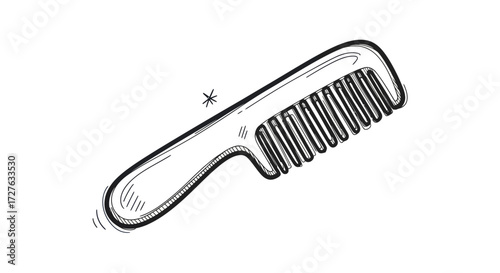 Hand-drawn illustration of a classic hair comb with a handle.