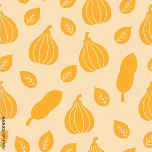 Seamless Autumn Pattern with Stylized Gourds and Leaves for Seasonal Design