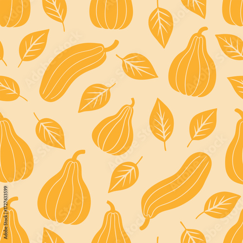 Seamless Autumn Pattern with Stylized Gourds and Leaves for Seasonal Design