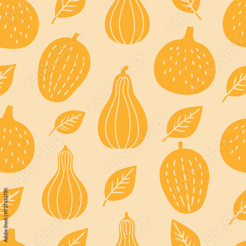 Seamless Autumn Pattern with Stylized Gourds and Leaves for Seasonal Design
