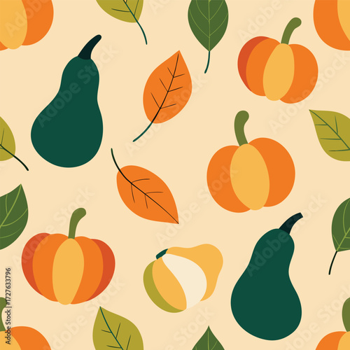 Seamless Autumn Pattern with Stylized Gourds and Leaves for Seasonal Design