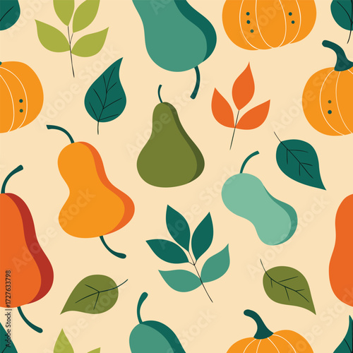 Seamless Autumn Pattern with Stylized Gourds and Leaves for Seasonal Design
