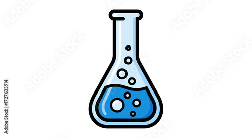 Cartoon Illustration of a Laboratory Erlenmeyer Flask with Blue Liquid.