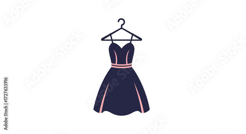 Elegant dark blue cocktail dress with thin straps on a hanger.