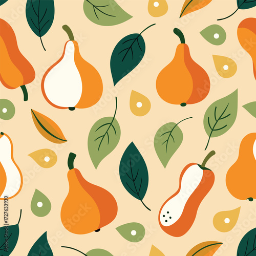 Seamless Autumn Pattern with Stylized Gourds and Leaves for Seasonal Design