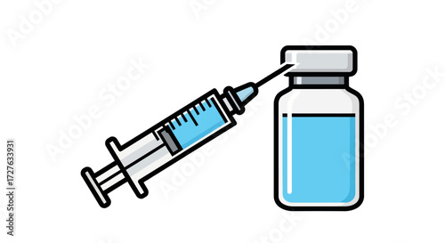 Medical syringe with needle and vial containing blue liquid.