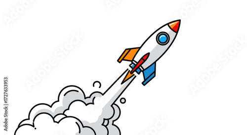 Cartoon Rocket Launching with Smoke Trail Vector Illustration.