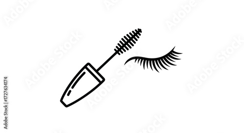 Black and white illustration of a mascara wand and a single false eyelash.