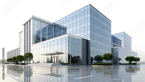 Modern reflective glass urban building architecture with water reflection
