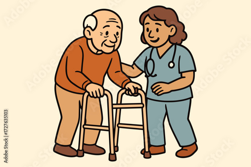 Caring nurse assisting elderly man with walker for mobility support and independence