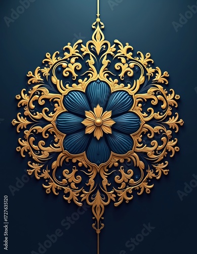 Intricate golden baroque ornament with blue flower at center. Symmetrical design on dark blue background. Classic elegant decorative element for luxury interiors or web design.
