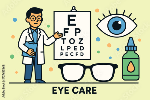 Optometrist with eye chart glasses and eye drops for vision care