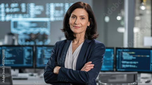 Confident Female Tech Leader — Middle-Aged Caucasian IT Manager Office Portrait with Code Screens